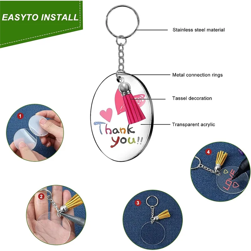 J1UL1N 키홀더 투명 아크릴 블랭크 펜던트, 투명 원형 아크릴 블랭크, 태슬, 키링, 점프링 포함