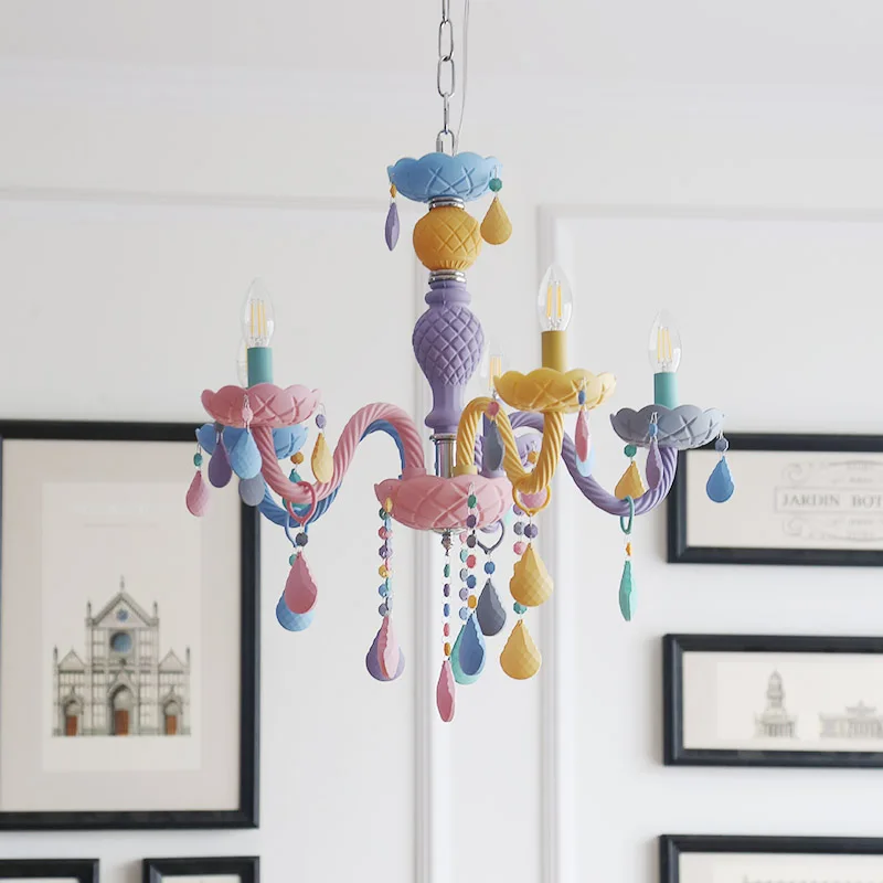 Rainbow Crystal Chandelier 110V/220V European Candle lustres Children's Bedroom Princess Makaron Lamps