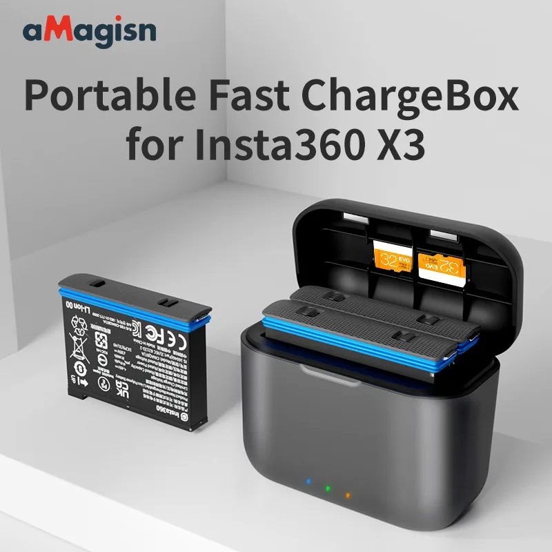 

aMagisn For Insta360 X3 Battery Intelligent fast-charging case Portable Battery Storage box 360X3 Accessories 2 Battery charger