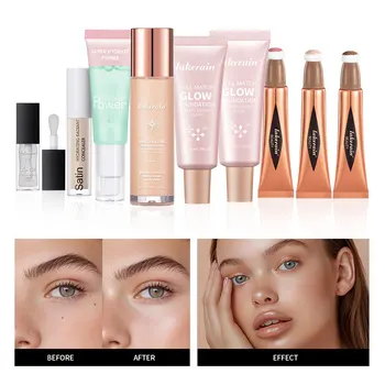 Makeup Set Beginner Kit Foundation Base Moisturizing Concealer Moisture Lip Gloss Highlighter Stick & Blush Face Makeup Sets Gif