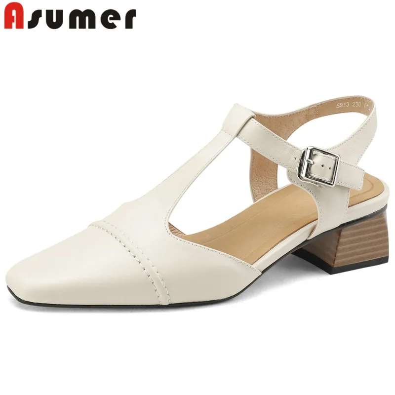 

ASUMER 2024 New Classics Genuine Leather Dress Sandals Buckle Square Med Heels Sandals Ladies Slingbacks Summer Shoes
