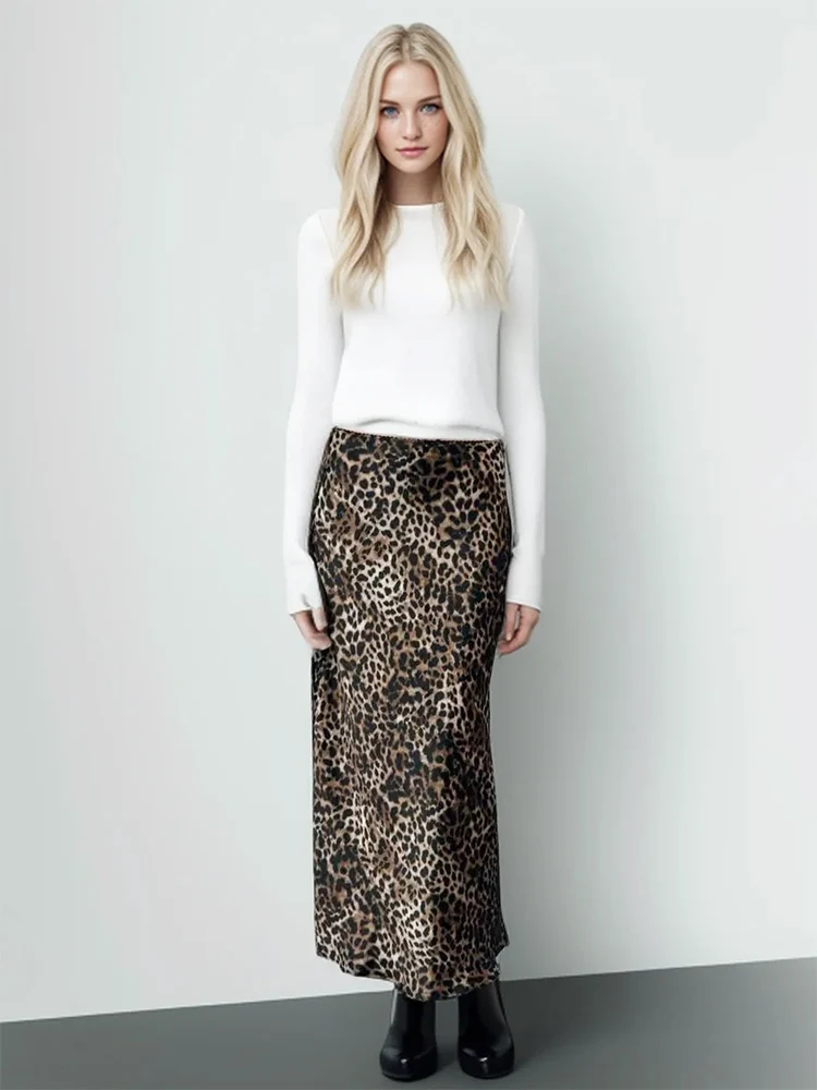 HOUZHOU Women Leopard Print Long Skirt Summer 2024 Fashion Vintage Animal Print Slim Zipper Midi Straight Skirt Y2K High Street