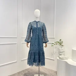 2024 Spring Summer High Quality Women Vintage Elegant Dark Blue Lantern Sleeve O-neck Mid-calf Dress