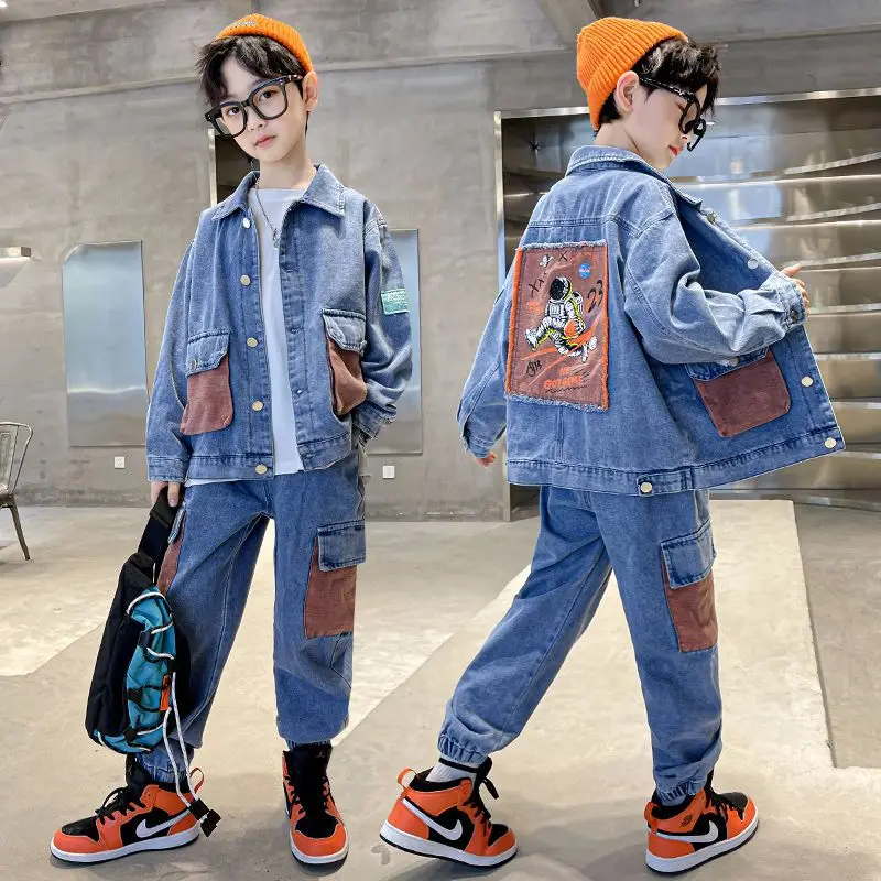 

2023 New Spring Autumn Childhood Suit Boys' student Sports Set Middle and Big children Fashion Trend Long sleeve Denim clothing