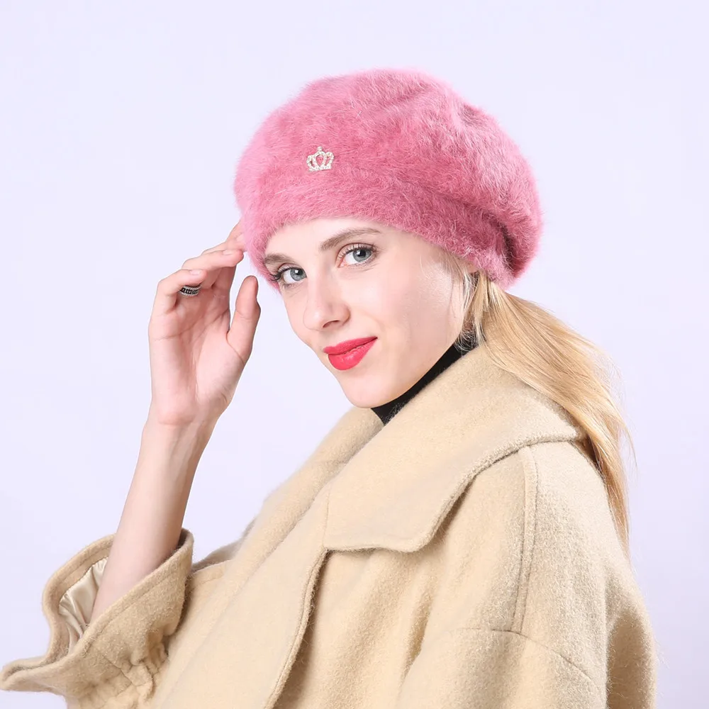 

Womens Winter Berets Hat Warm Fleece Lined Fuzzy Painter Skull Hat With Crown Solid Color French Beret Hat