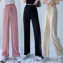

New Women's Pants Harajuku Ice Silk Light Wide Leg Trousers Urban Solid High Waist Korean Joggers Casual Capris Pants Pantalons