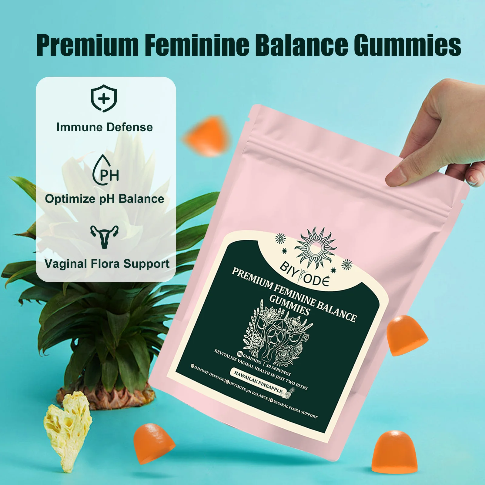 BIYODE Feminine Balance Gummies Ph Maintain Vaginal Ph Balance Healthy Vaginal Flora &Yeast 60pcs women probiotic supplement
