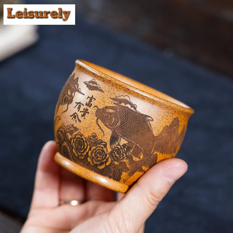 225ml Yixing Zisha Wood-fired Porcelain Both Fish Teacup Elegant Tea Bowl Jug Tea-tasting Fragrance Cup Jianzhan Master Cups