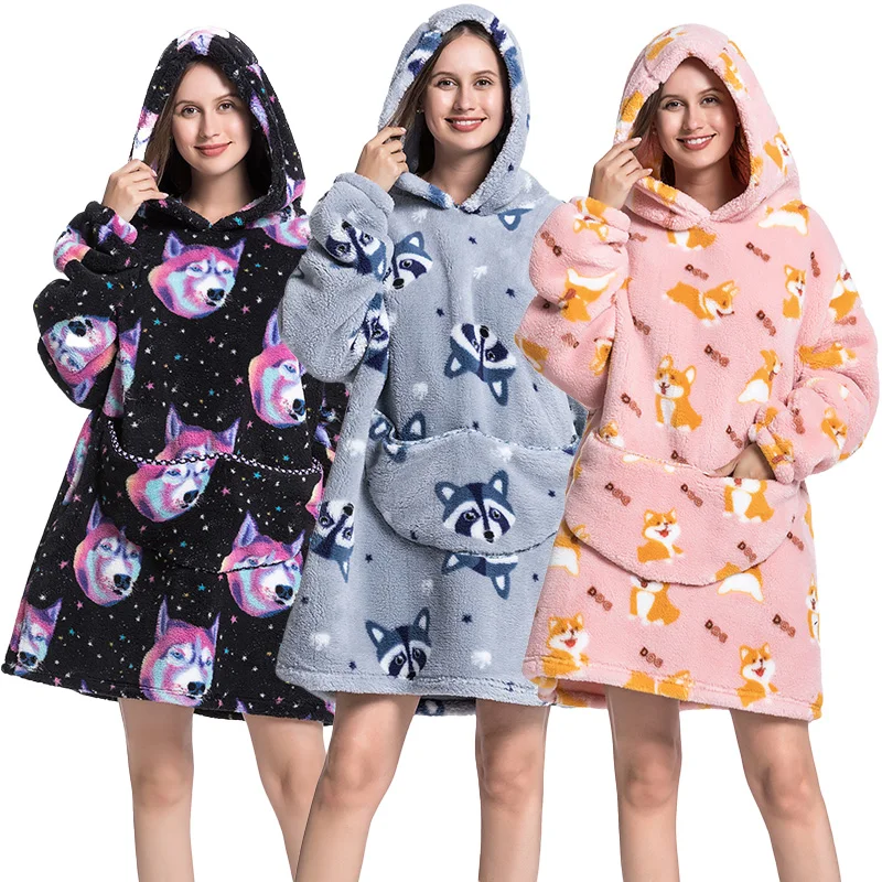 

Sweatshirt Nightgown Fleece Homewear Oversized For Adults Thicken Wearable Blanket Clothes Causel Corgi Raccoon Dog