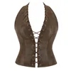 Retro Brown Women's Corset Bustier Hollowed-Out Lace-Up Sleeveless Halter Top Overbust Corselet