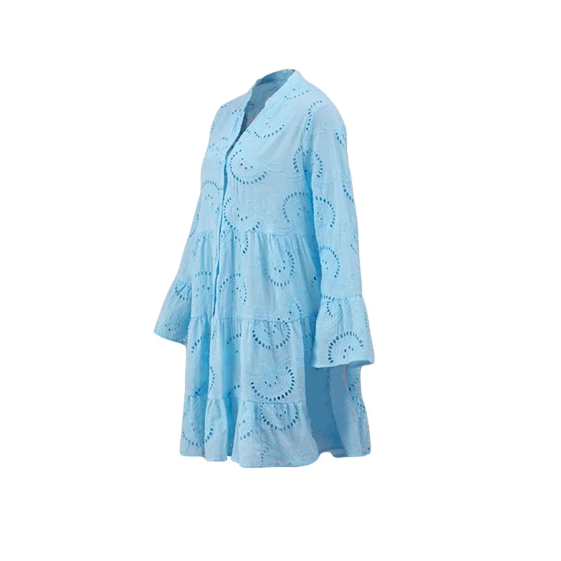 Beach Dress Women Embroidery Lace Eyelet Hollow Out 3/4 Sleeve Single Breasted Mini Dress y2k Vacation Dresses