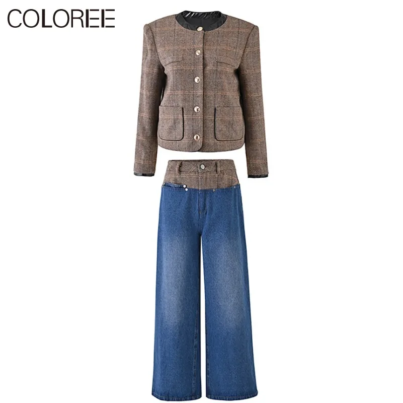 

Vintage Plaid Jacket and Blue Denim Long Pant Set Women Luxury Designer Autumn Winter Clothes 2023 Korean Fashion Outwears