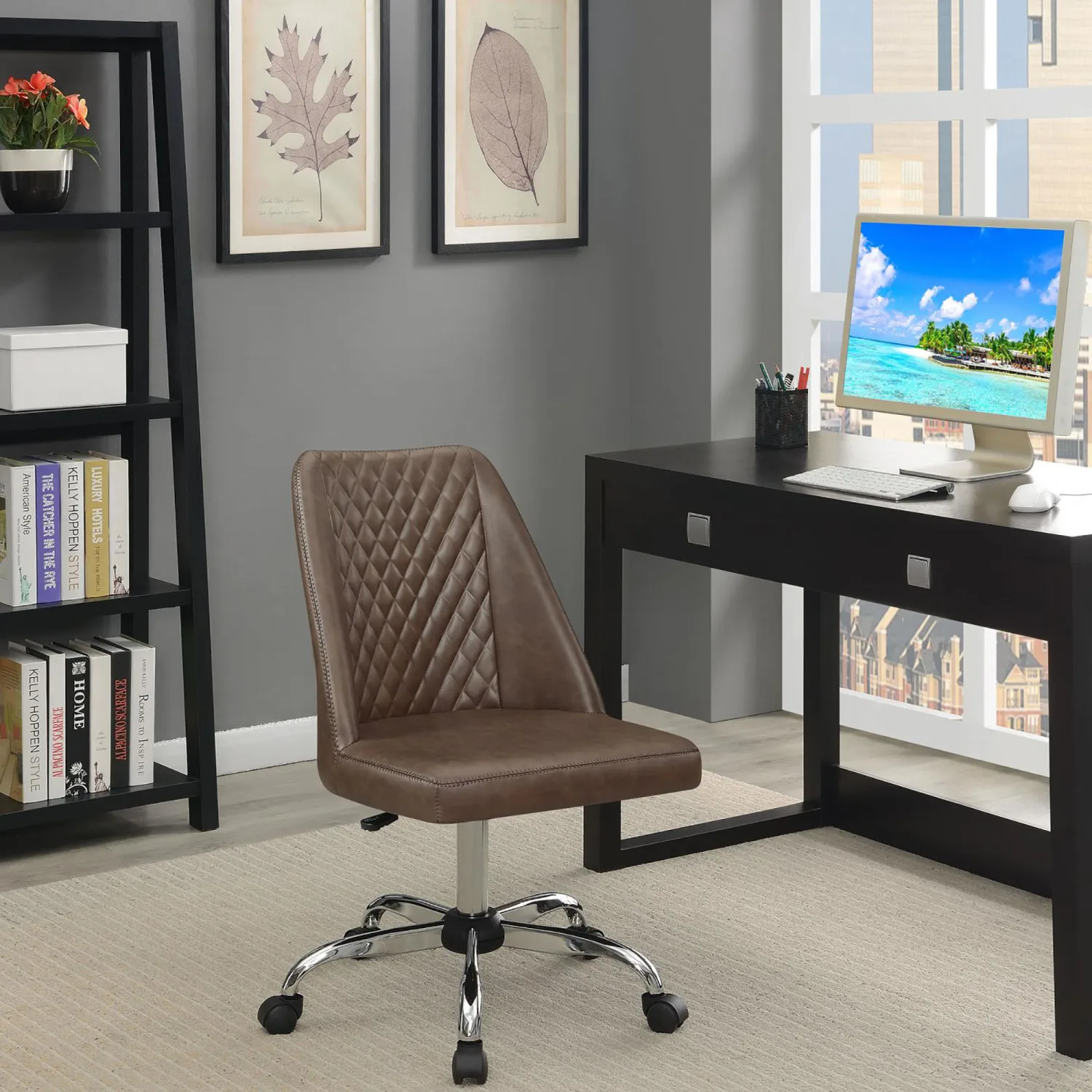 

Adjustable Brown and Chrome Modern Desk Chair with Comfortable Ergonomic Design and Stylish Sleek Finish for Home Office or Work