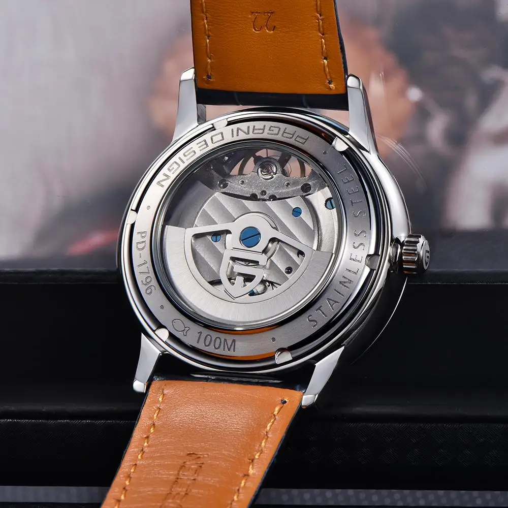 PAGANI DESIGN 42mm Mechanical Watch Automatic Movement Tourbillon Watch Stainless Steel 100m Waterproof PU Leather Strap