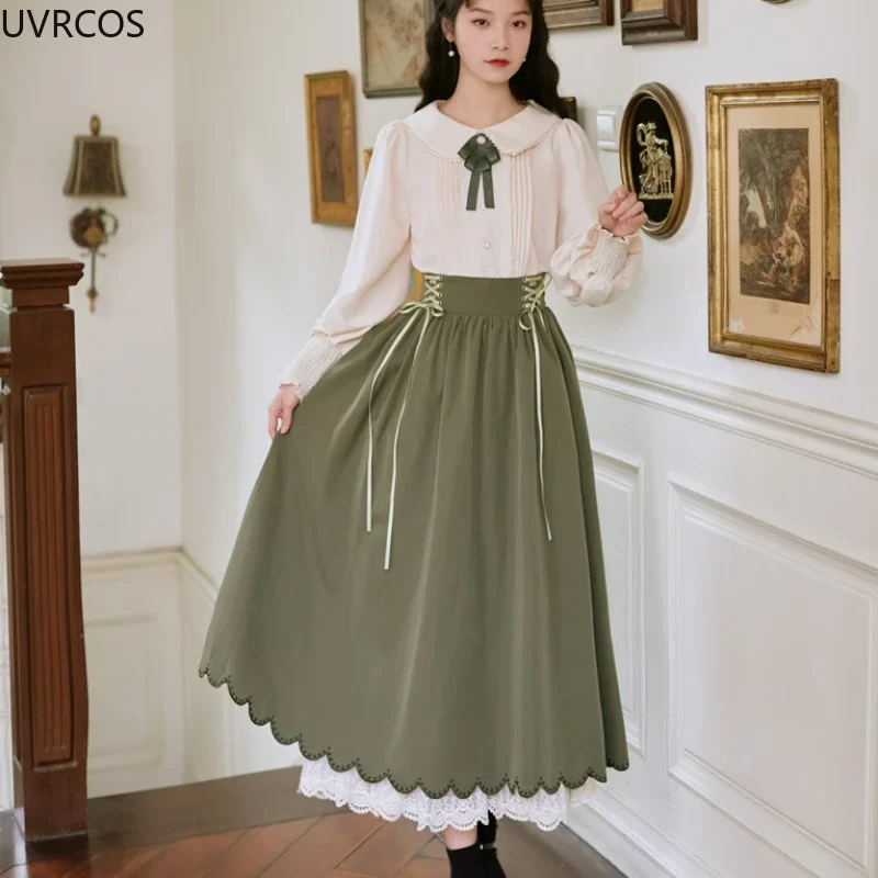 【BAON】Fluku Vintage Pocket Banding Long Skirt Victorian Vintage Elegant Long Skirt Women High Waist Lace