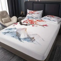 Chinese Style Fitted Sheet Set Ink Painting Plum Mountains Print Mattress Covers Soft Breathable Bedding Set With Deep Pocket 1
