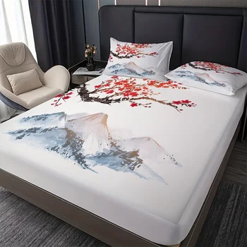 Set di lenzuola con angoli in stile cinese pittura a inchiostro Plum Mountains stampa coprimaterasso Set di biancheria da letto morbida e traspirante con tasca profonda 1