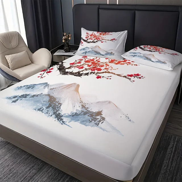 Set di lenzuola con angoli in stile cinese pittura a inchiostro Plum Mountains stampa coprimaterasso Set di biancheria da letto morbida e traspirante con tasca profonda 1