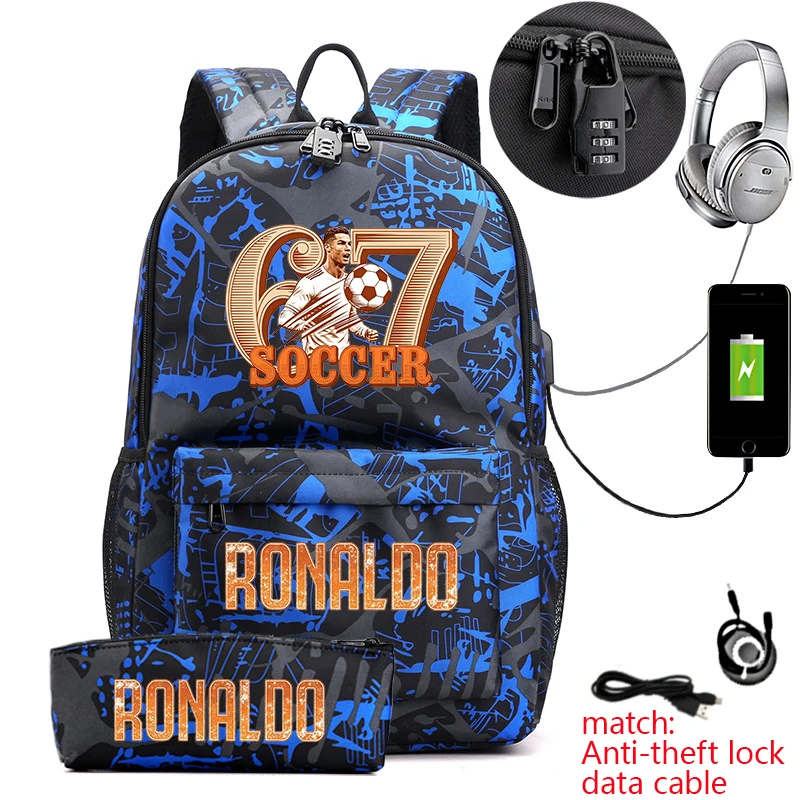 Cr7 Ronaldo 67 Print Anti-Theft Student Backpack with Pencil Case for Teenagers Kids School Daypack 5