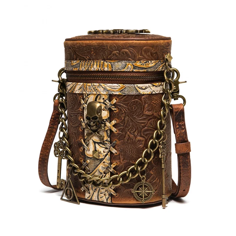 

New European and American Retro Style Top Layer Cowhide Bucket Bag Niche Chain Women's Shoulder Messenger Bag
