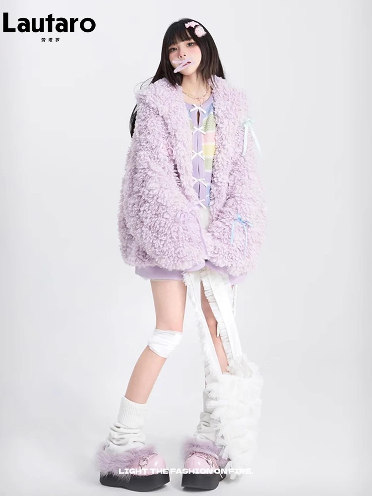 

Lautaro Autumn Winter Sweet Cute Lovely Warm Thick Soft Purple Faux Fur Coat Women with Hood Bow Zipper Fuzzy Fluffy Jacket 2023