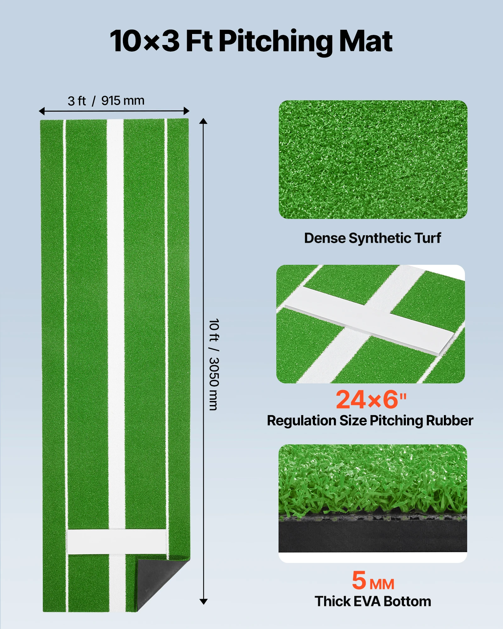 SucceBuy 10 x 3FT Softball Pitching Mat Softball Pitching Mound Antislip Antifade Rubber Softball Pitching Training  Mat  Green