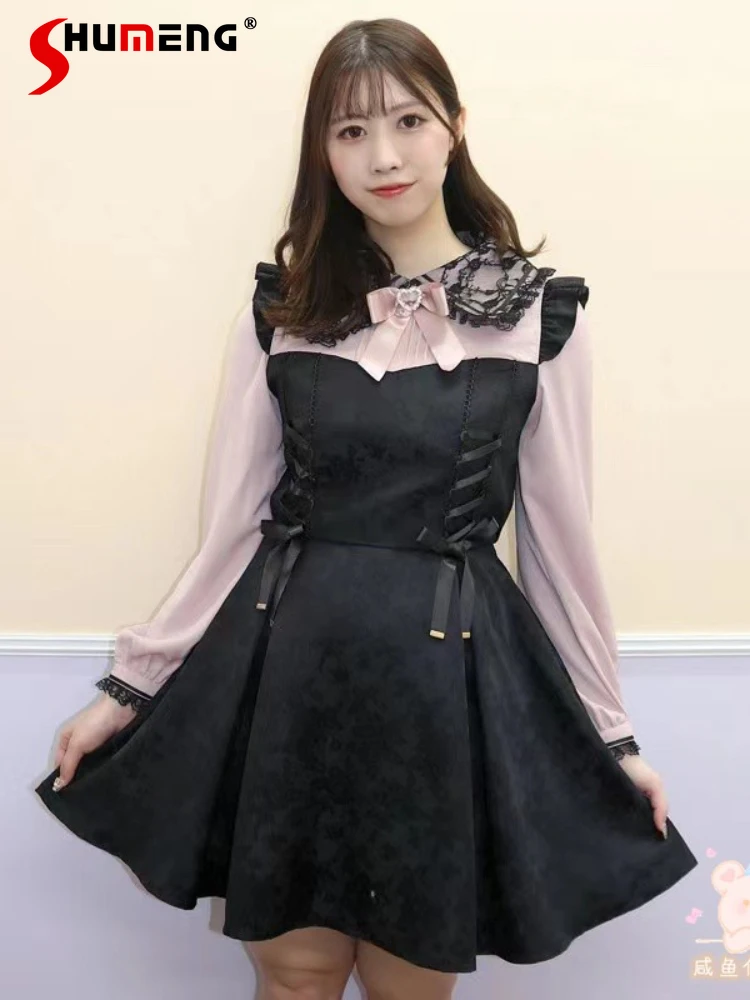 

Japanese Mine Style Lace Stitching Dark Pattern Lace-up Bow Doll Collar Long Sleeve High Waist Slim Fit A-Line Sweet Dress Women