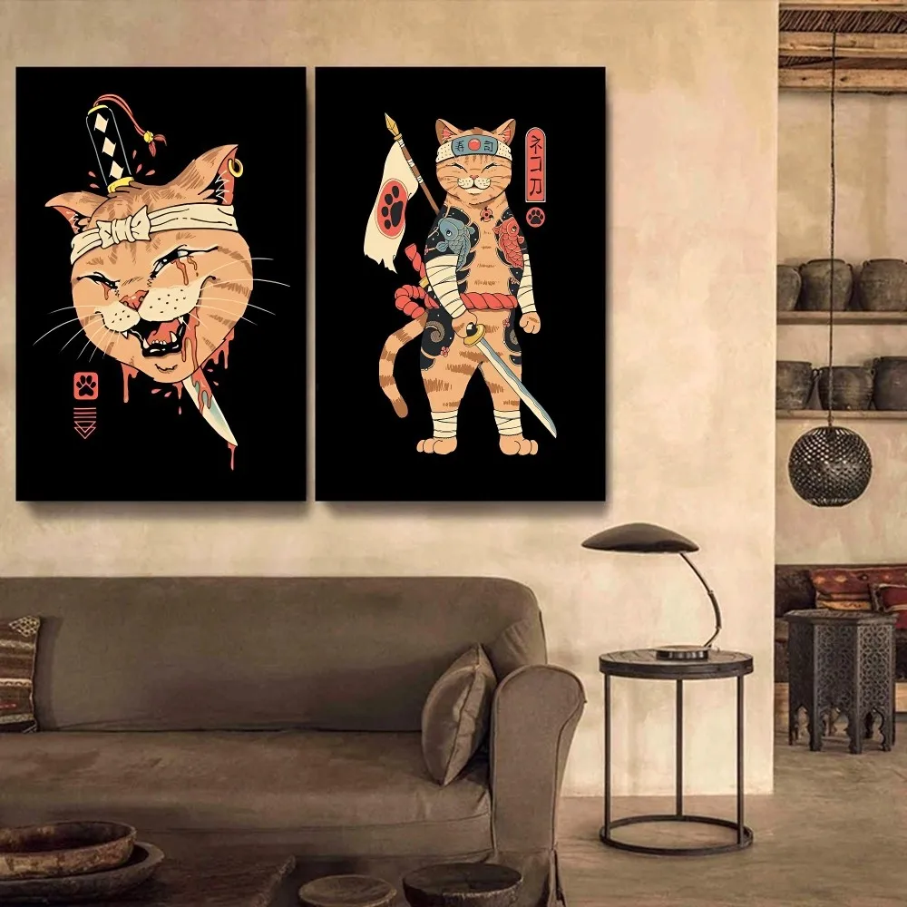 

Japanese Samurai Cat Poster Self-adhesive Art Poster Retro Kraft Paper Sticker DIY Room Bar Cafe Vintage Decorative Painting