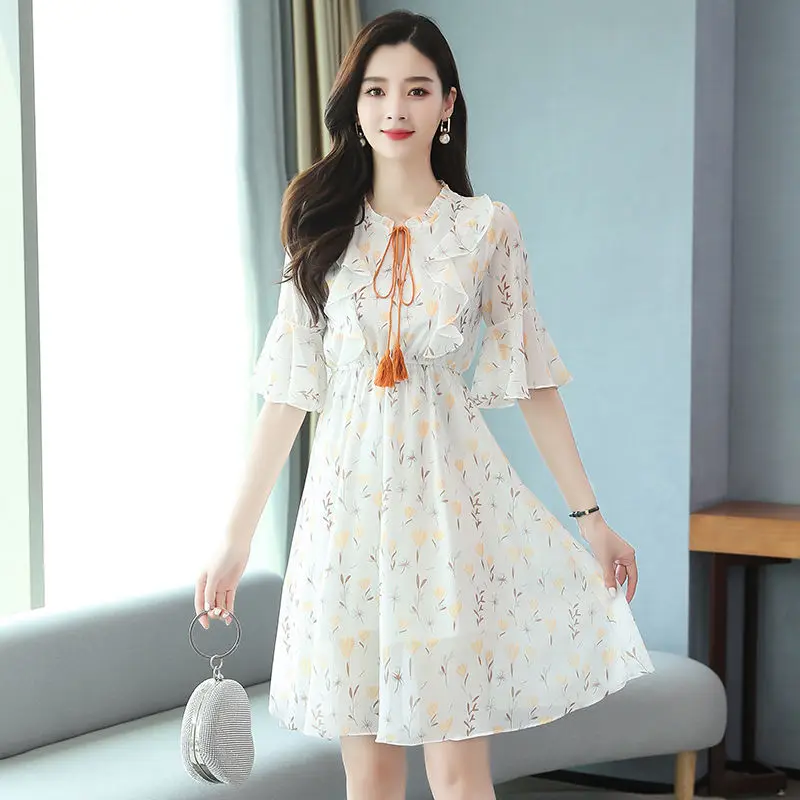 

Sweet Printed Lace Up Ruffles Shirring Chiffon Floral Dress Female Clothing 2024 Summer Loose Korean Flare Sleeve Princess Dress