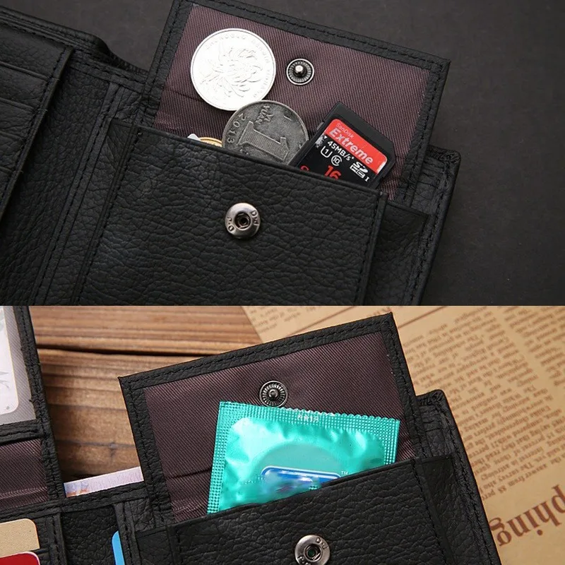 Premium Genuine Leather Men's Wallet - Short Black Wallet Portefeuille Homme