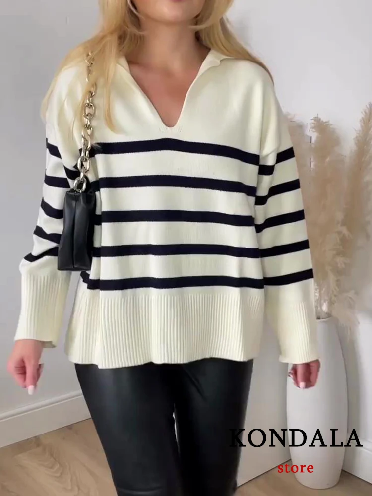

KONDALA Vintage Striped Knitted Loose Sweaters Women V Neck Long Sleeve Casual Fashion 2022 Autumn Winter Pullovers Elegant Tops