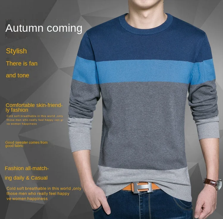 Cyose Fashion Autumn Fashion Casual Sweater O-Neck Striped Mens Sweaters Pullovers Men Contrast Color Knitwear New