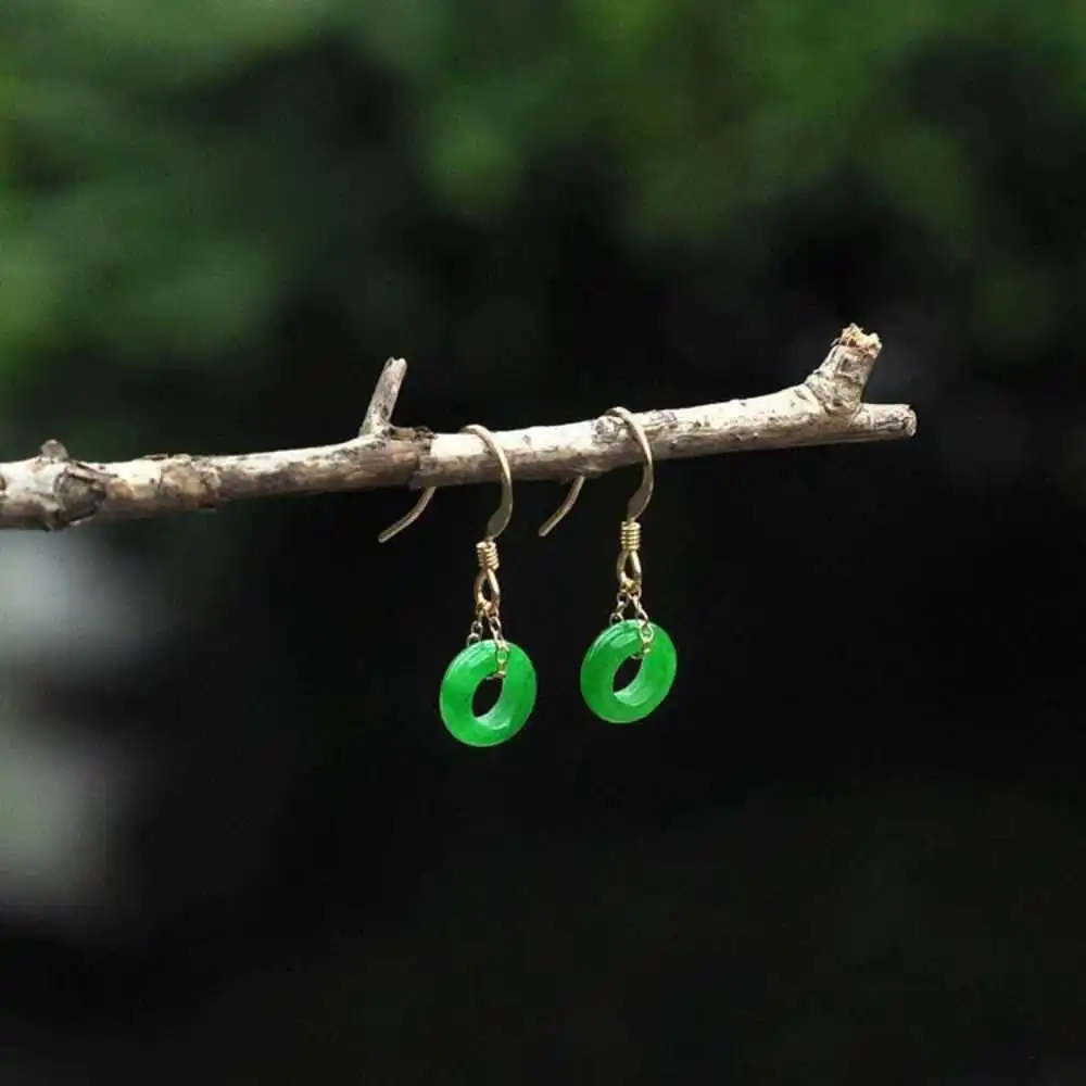 

Round Gold Green Ring Dangle Jadeite Gemstone Earrings Classic CARNIVAL Halloween Accessories FOOL'S DAY Freshwater Gift Easter