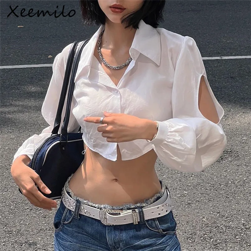 

Модная блузка Xeemilo с пышными длинными рукавами, женский летний однотонный ажурный тонкий кроп-топ, сексуальный однобортный Кардиган с V-образным вырезом, топы