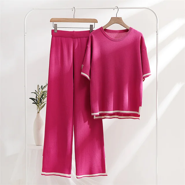 Two Piece Set Elegant Pants Sets Ice Knitted Summer Outfits For Women 2023 Short Sleeve Pajama Suit 6
