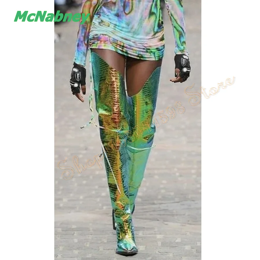 

Green Croc Effect Leather Over The Knee Boots Pointed Toe Stiletto Zipper Women Boots Party Boots 2024 New Zapatos Para Mujere