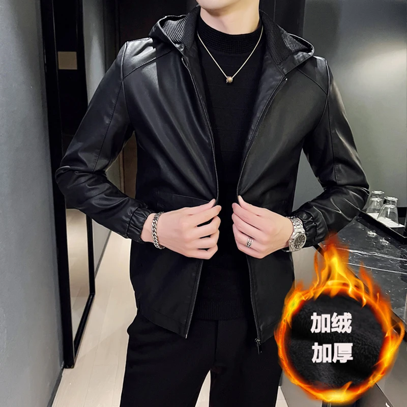 2023 Hip Hop Men Hooded Leather Jacket Plus Size 5XL Slim