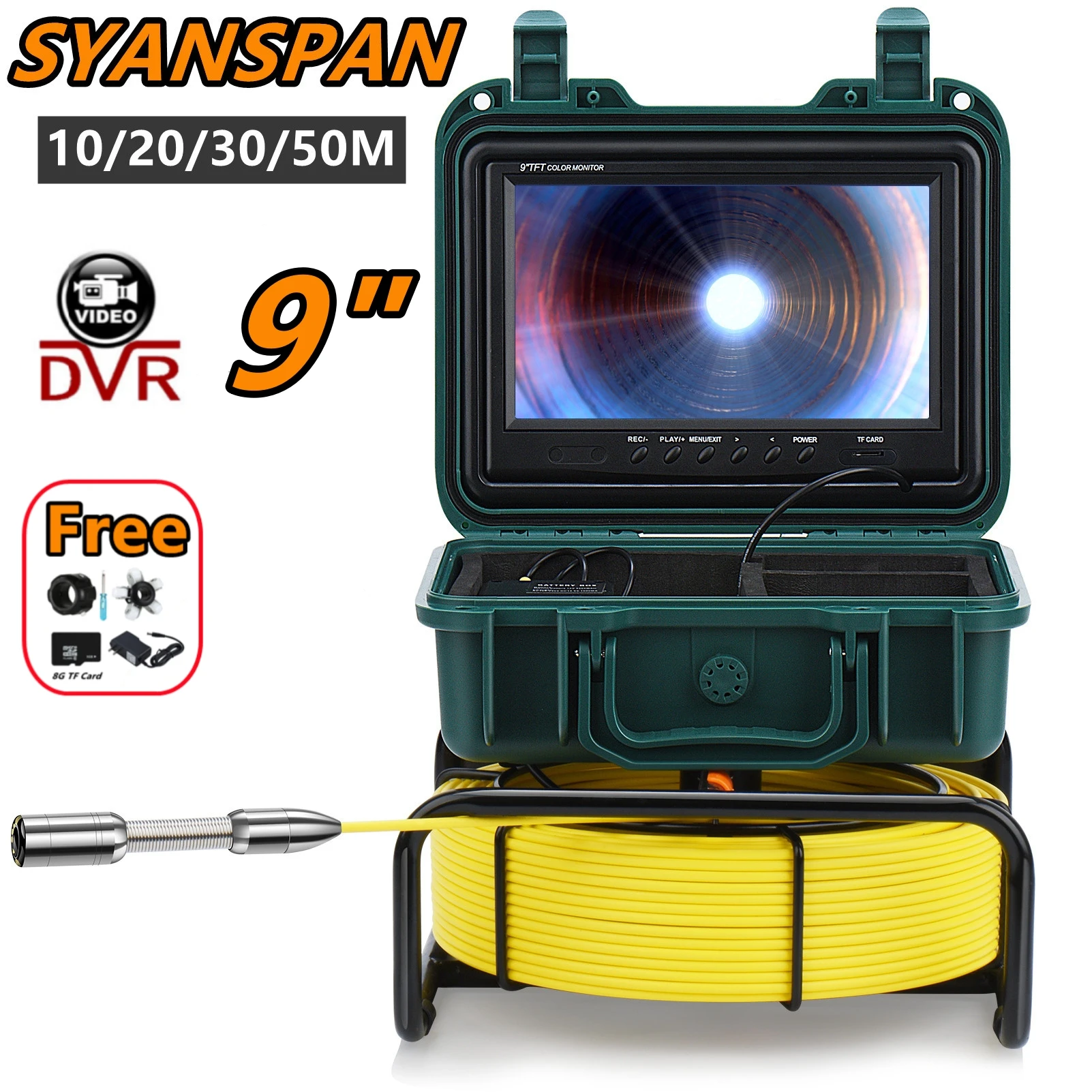 

9"DVR 8GB Card Pipe Inspection Camera,SYANSPAN Sewer Drain Pipeline Industrial Endoscope IP68 5mm DIA Cable 10/20/30/40/50M