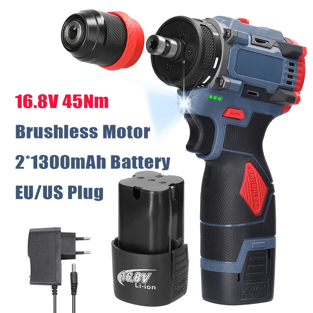 Set Trapano E Avvitatore Brushless 16,8V – Kit 2 Utensili Con 3 Batterie 1300 MAh, Per Fai-da-te E Mobili