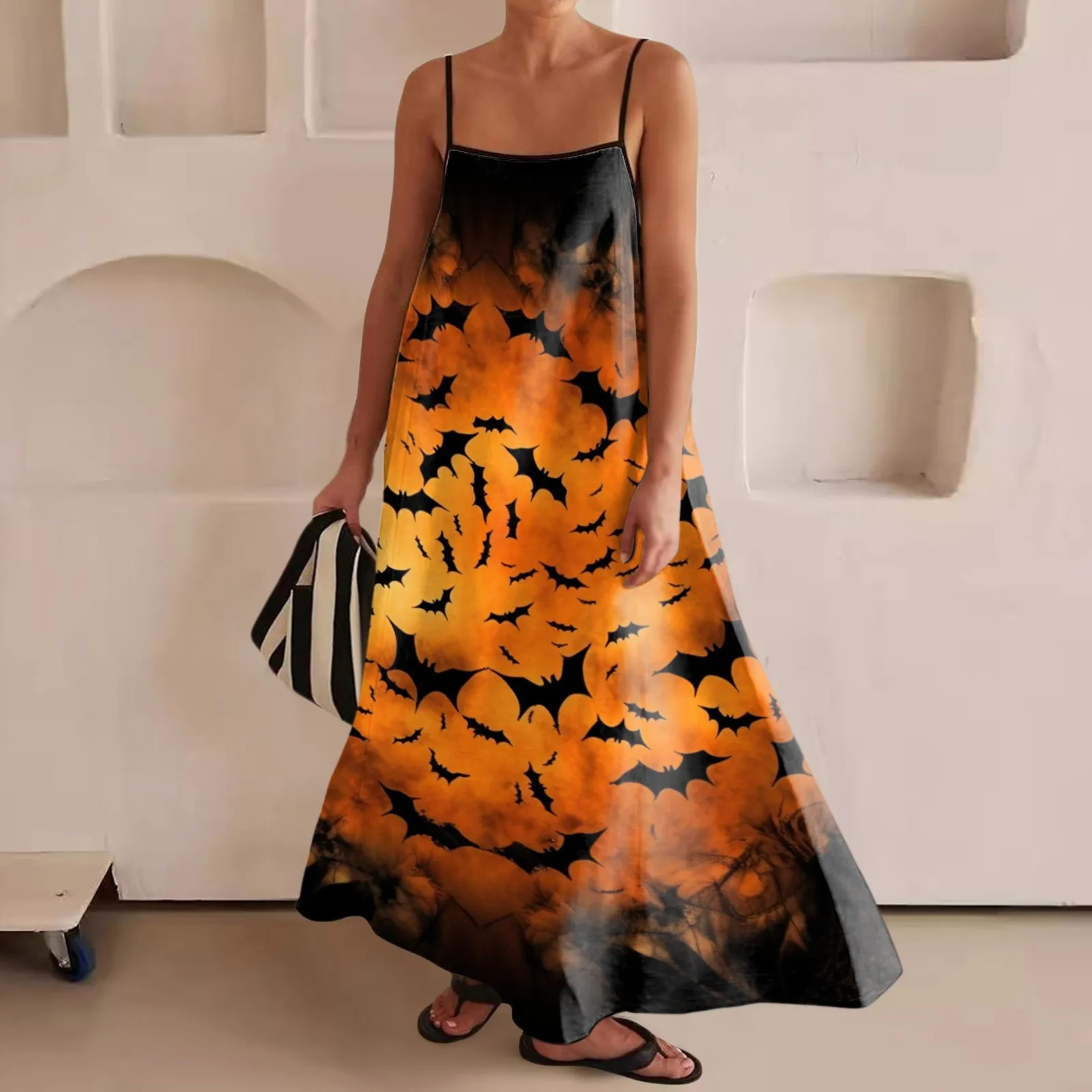 thumbnail image 1 of Vestido largo de moda para mujer con ribete en contraste, tirantes finos, trajes para viajes, Halloween, vestidos largos estampados, vestidos largos sin mangas, 1 of 5