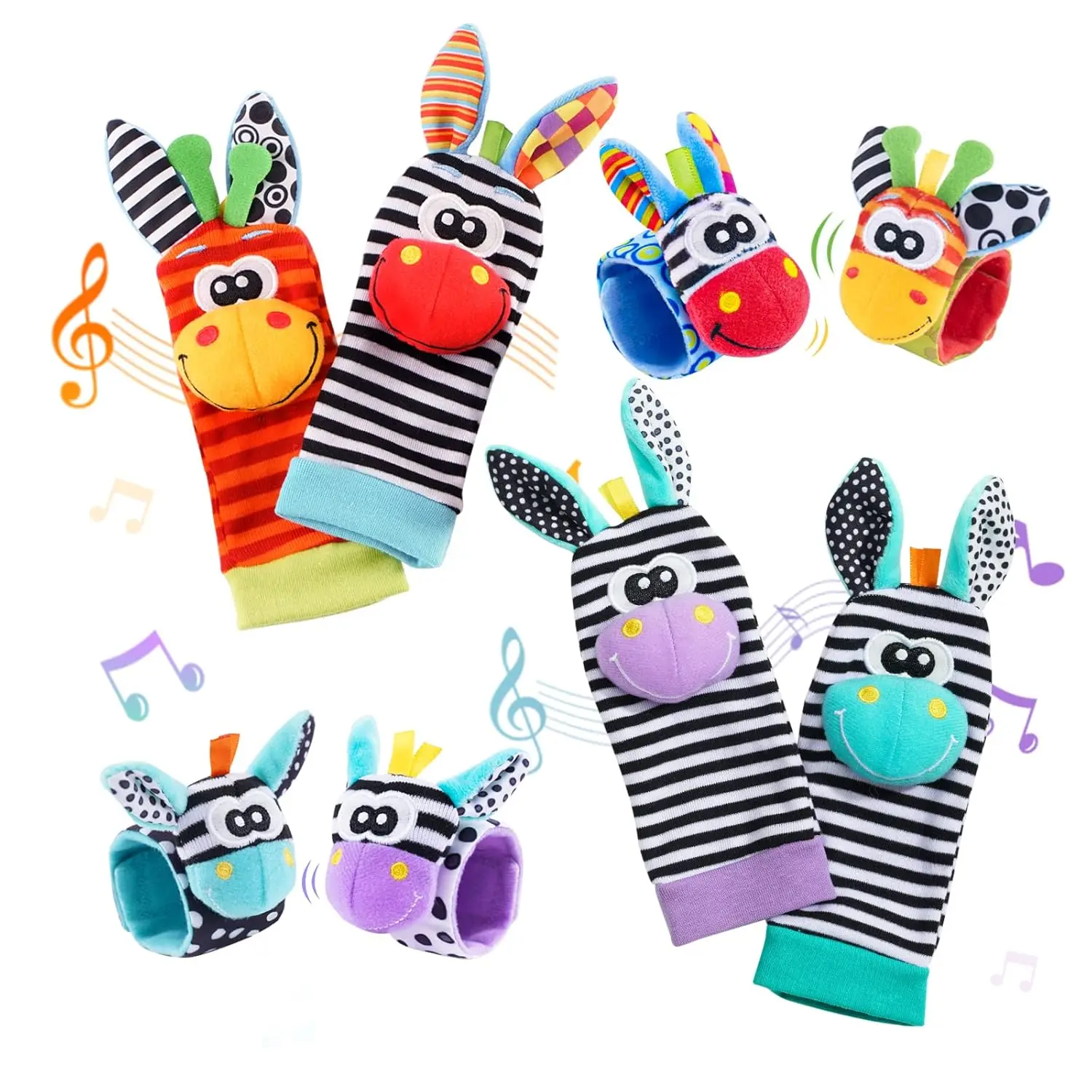 Baby-Handgelenkrasseln, Tier-Socken für Neugeborene, Fußfinder-Handgelenksriemen, sensorisches Spielzeug für Babys (0-12 Monate), Geschenk_voghion.com