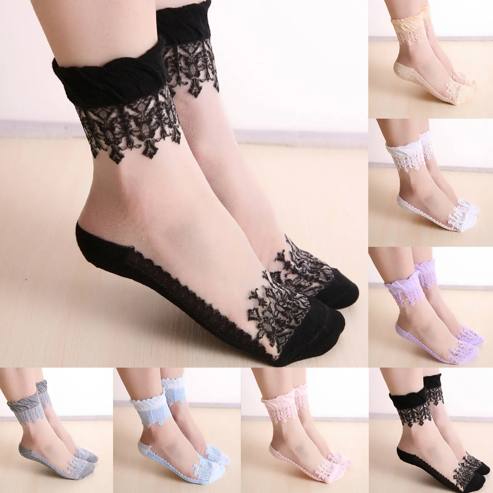 

2024 Spring Summer Ladies Ultrathin Lace Embroidery Silk Transparent Glass Crytal Stretch Women Soft Elastic Breathable Socks