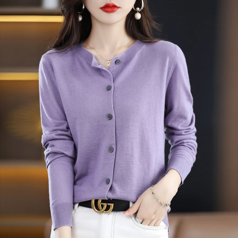 

Spring And Autumn Fashion New Wool Knit Ladies Round Neck Cardigan Solid Color Long Sleeve Thin Loose Top Versatile Sweater