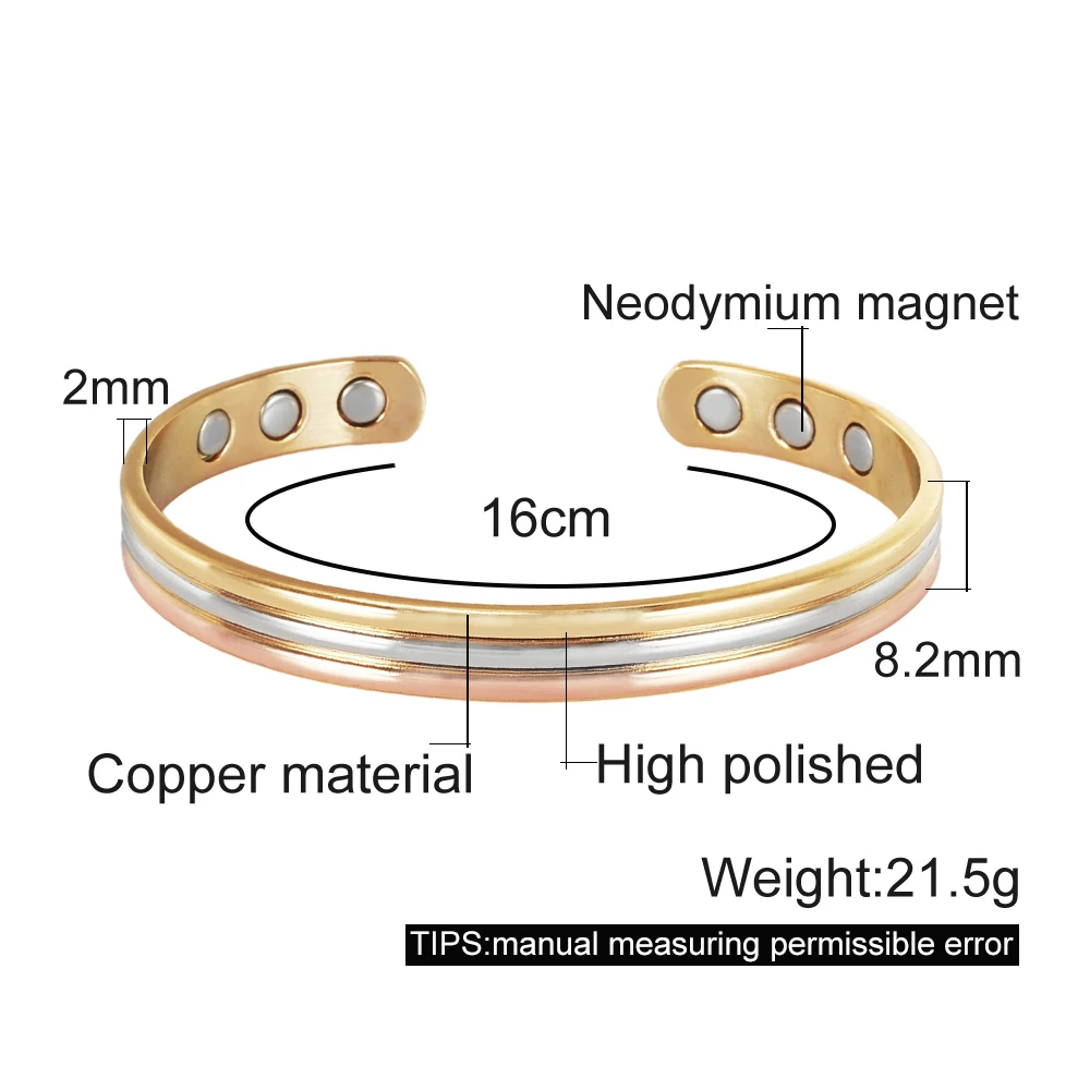 Magnetic Bracelet Vinterly Pure Copper Adjustable High Magnet Open Cuff 8mm Bangles Jewelry