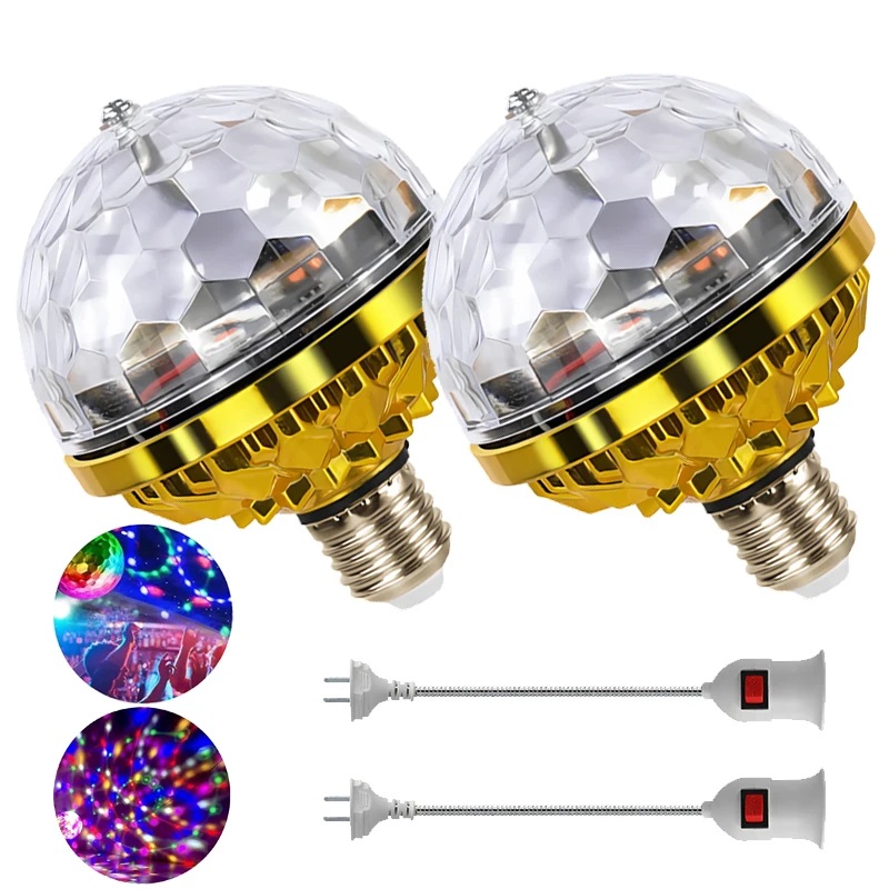 2pcs Colorful Rotating Magic Ball Light RGB Disco Party Rotating Bulb With Socket For Birthday Home Room Club Stage Effect Light