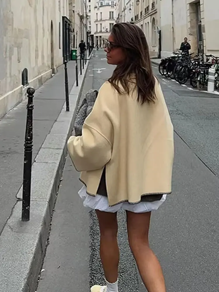 HH Autumn Women Fashion Contrast Coats Loose Casual Oversizes Jackets Turtleneck Long Sleeve Jacket High Street Lady Outwears