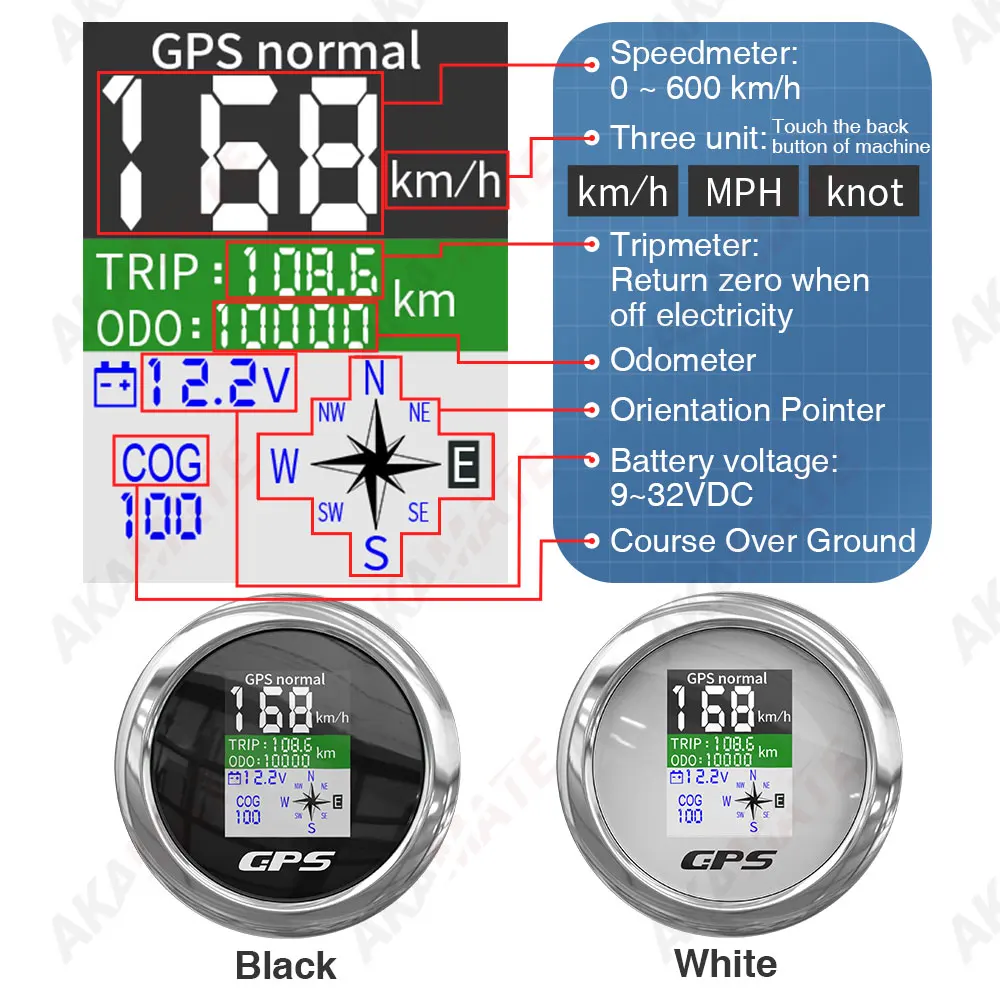 Marine GPS Speedometer Odometer Digital Screen with GPS Antenna Waterproof for Boat Car Motor Yacht 12V Voltmeter 85mm Black marine gps navigator