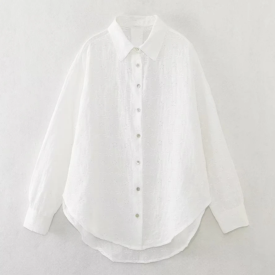 Jenny&Dave 2024 Autumn Casual Long-sleeved Blouse Top Women French Elegant Ladies Embroidery Hollow Cotton Shirt White