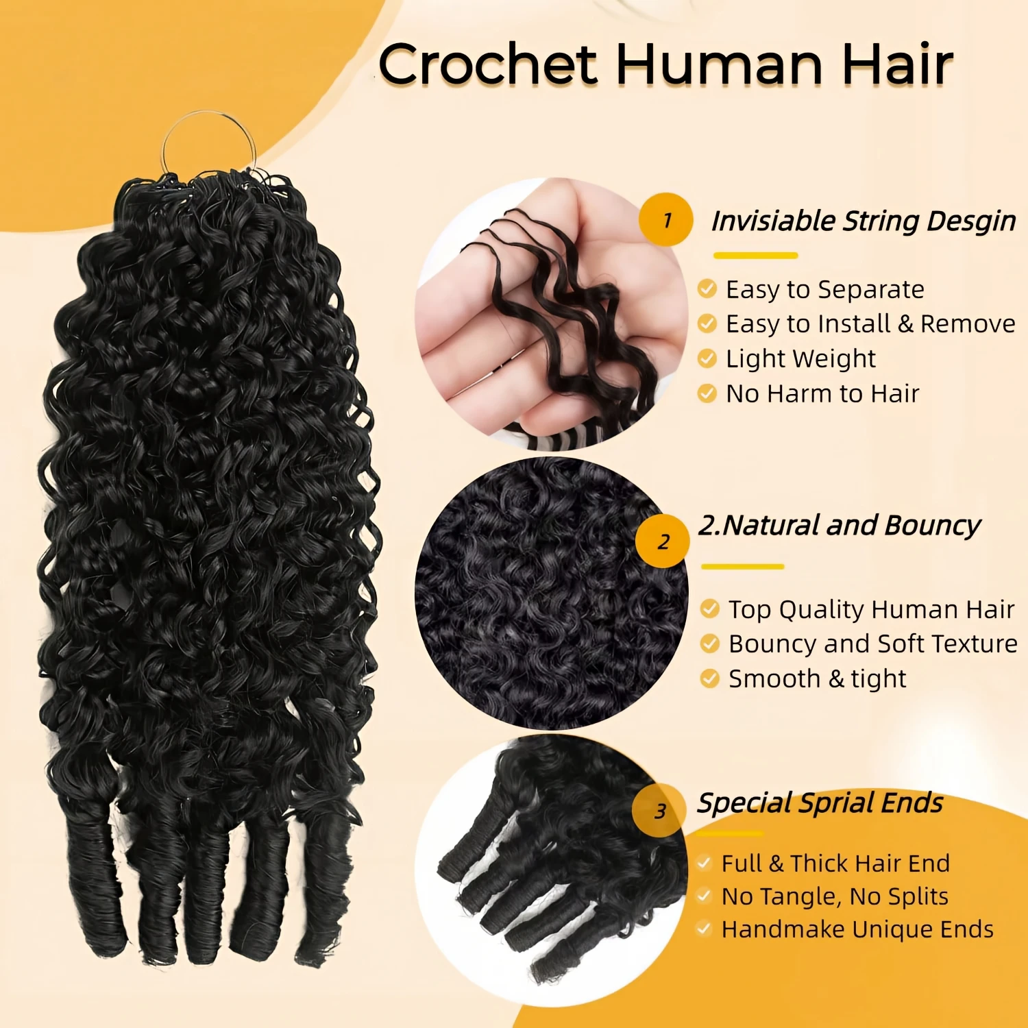 Capelli umani ricci birmani per crochet, senza nodi, pre-separati, leggeri, riutilizzabili, extension di capelli Remy 12A - immagine 3