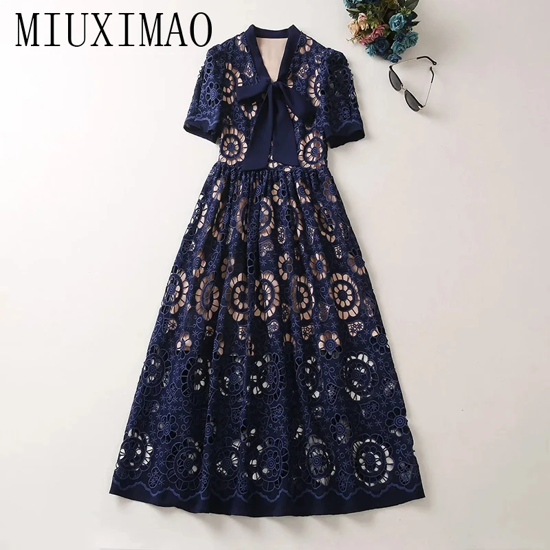 

MIUXIMAO 2023 High Quality Hollow Out Elegant Dress Short Sleeve V-Neck Bow Solid Lace Print Fashion Long Dress Women Vestide